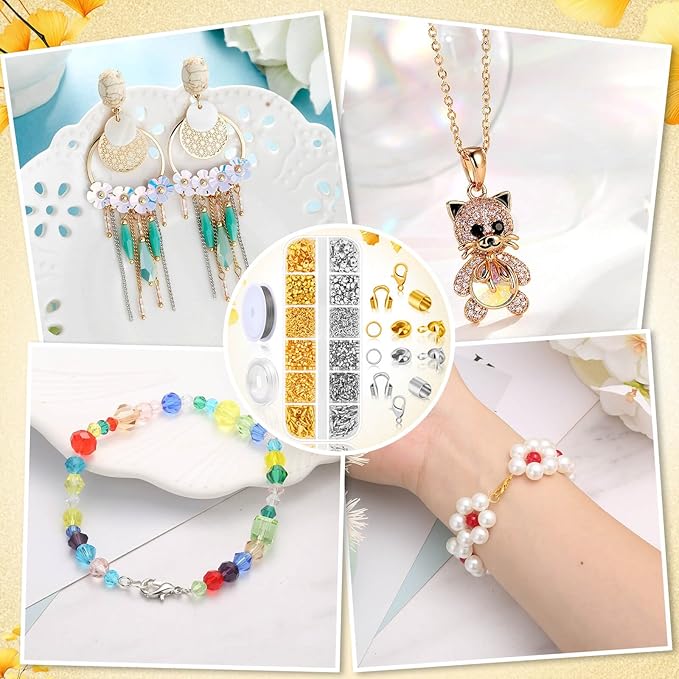 1200Pcs Crimp Beads Supplies for Jewelry Making, Including Crimp covers, Crimp Tubes, Bracelet Clasps and Closures, Crimp Ends, Jump Rings, Crimping Pliers and Beading Wire for Bracelets Making