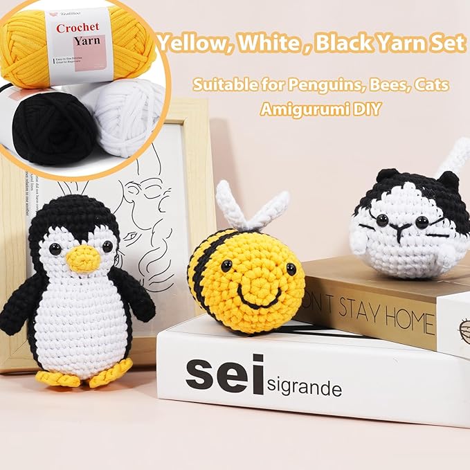 Beginner Yarn for Crocheting, Easy Crochet Yarn for Beginners, 3 Pack × 1.8 oz Amigurumi Yarns, Penguin Crochet Kit, Thick and Soft with Video Tutorials, Easy-to-See Stitches, Worsted Medium # 4