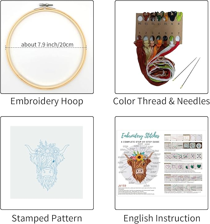 Louise Maelys Animal Embroidery Kits for Beginners with Highland Cow Pattern,Adults Starter Cross Stitch Kit DIY Needlepoint