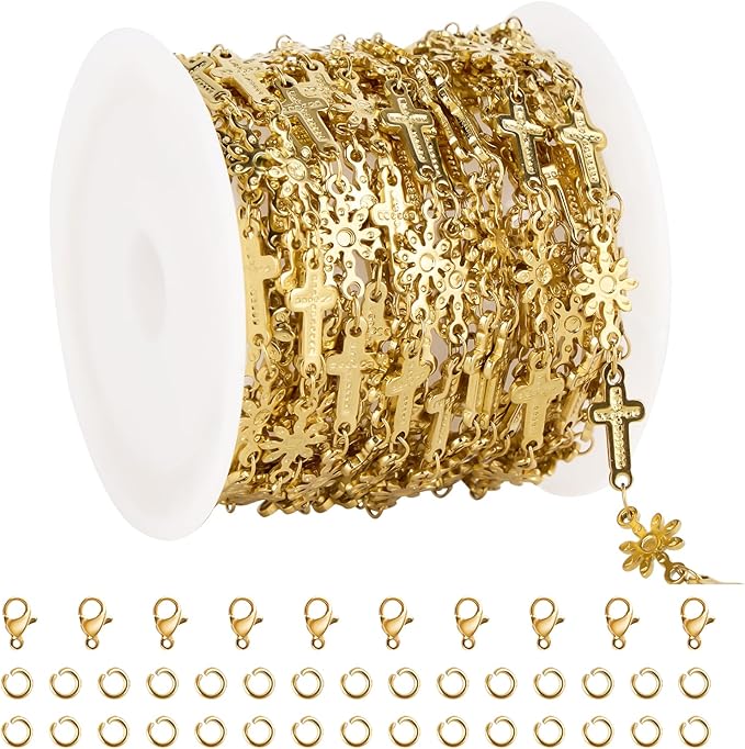 GTVOODX 18k Gold PVD Bulk Chains for Jewelry Making 13 Feet Stainless Steel Cross Flower Link Chain Waterproof Hypoallergenic DIY Permanent Jewelry Making Supplies