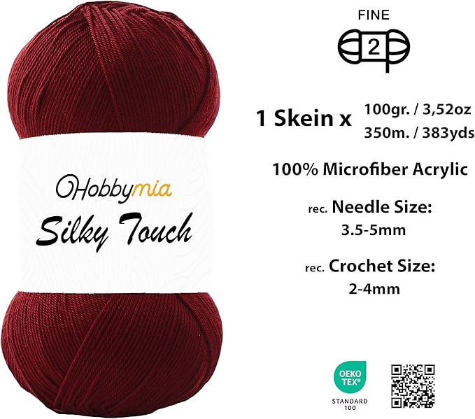 Silky Touch Acrylic Yarn - Soft Sport Weight Yarn for Crochet & Knitting - 100g / 383yds - 100% Microfiber Acrylic - Lightweight Fine Smooth Yarn(Red - Claret Red, 1 Skein)