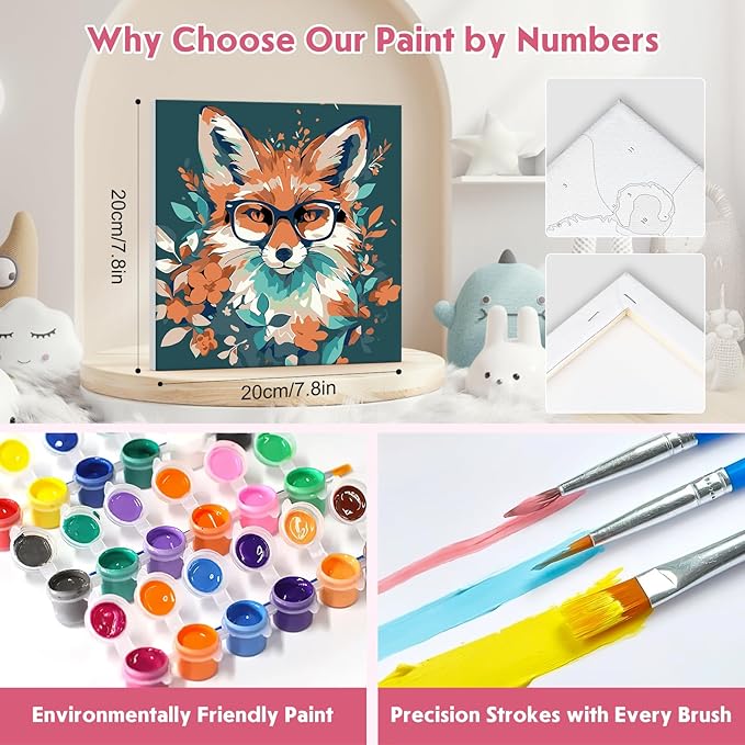 4 Pack Paint by Numbers Kit for Kids Beginner with Wooden Frame, Fantasy Owl, Fox, Llama, Monkey, Paint by Numbers Kit for Adults, Animal with Flowers, DIY Painting Kits for Home Wall Decor 8x8 inch