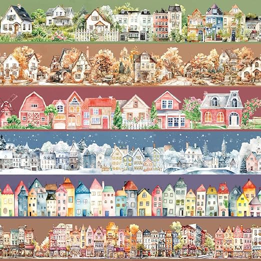 Town Landscape PET Tape Scrapbook Supplies Vintage Town Building Decorative Tape Scrapbook Stickers Aesthetic House Building Washi Tape Stickers For Scrapbooking Junk Journal Journaling Supplies