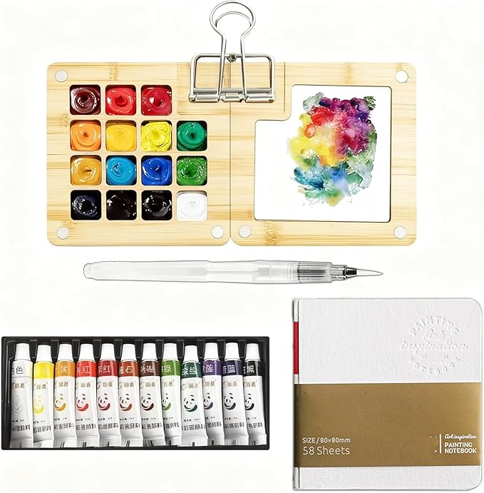 Mini Travel Watercolor Set Pocket Artist Watercolor Travel Set Grid Palette Box Sketch Book Brush Pens With Binder Clips For Painters Artists Students (bamboo, 15 Grids)