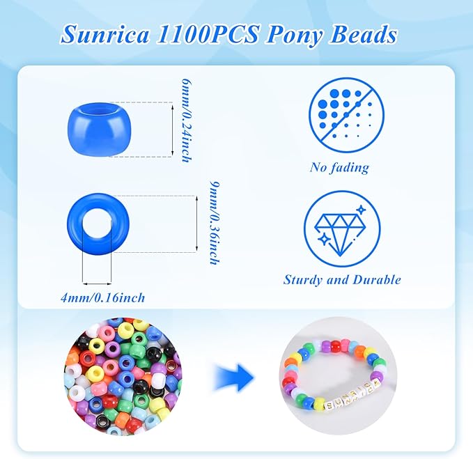 sunrica 1100pcs multicolored pony beads 6x9mm 10 colors large hole plastic beads for kandi, hair braids, necklaces, friendship bracelets