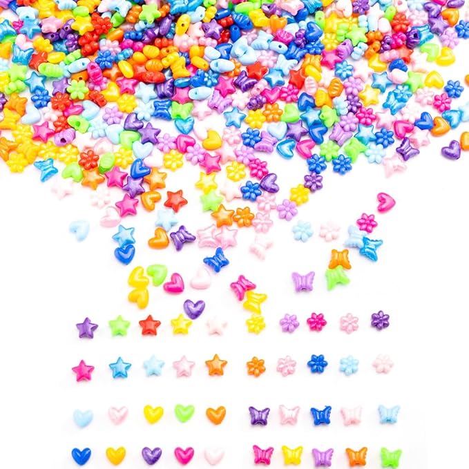 Gxueshan 1000 Pcs Acrylic Plastic Heart Star Mix Perforated Beads Bulk Rainbow Hair Beads, DIY Face Mask Pony Beads for Friendship DIY Kandi Bracelet Necklace Jewelry Making Supplies Kit (Mix)