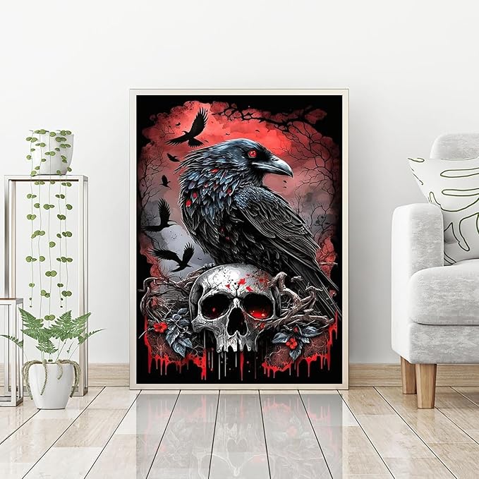 Mrnsiet Halloween Diamond Painting Kits for Adults, 5D Crow Diamond Painting for Beginner, DIY Full Drill Skull Diamond Art Kits for Home Wall Decor 12 x 16 Inch