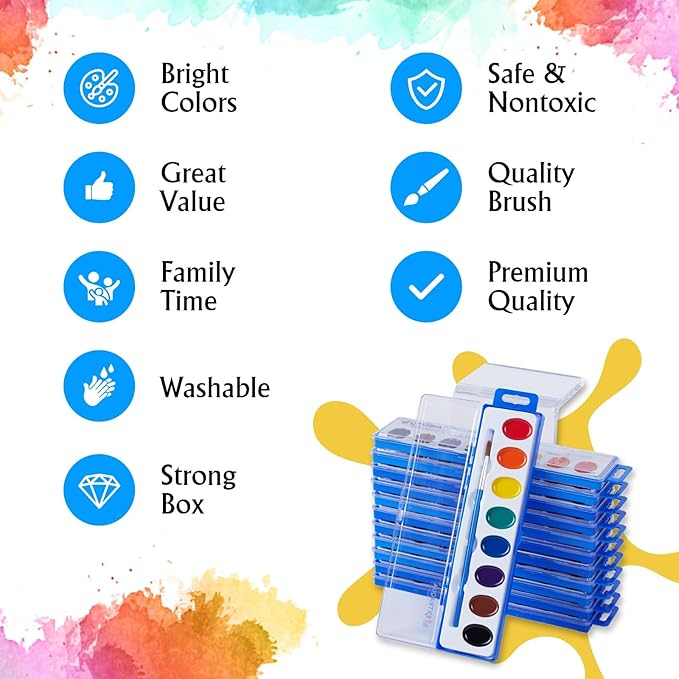 Watercolor Paint Sets for Kids - Bulk Pack of 12 with 8 Washable Paint & Brush - Perfect Kids Painting Set for Classrooms, Party Favours & Creative Fun