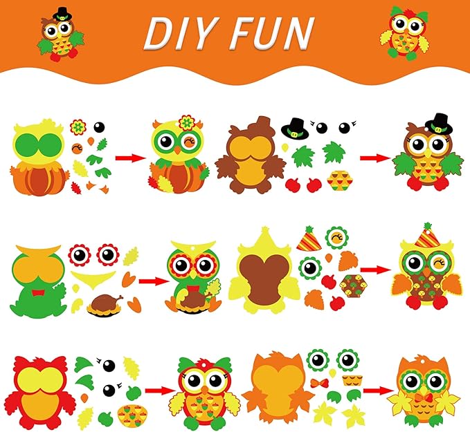 chiazllta 30 Packs Fall Craft Thanksgiving Owl DIY Art Craft with Fall Autumn Leaves Pumpkins Stickers Make Your Own Owl Set for Home Game Activities
