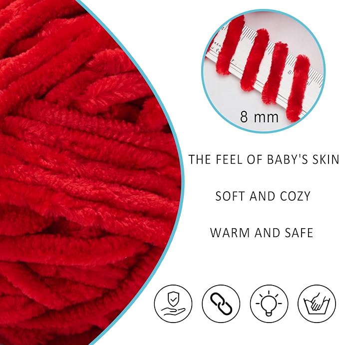 Velvet Yarn Chenille Yarn for Crocheting and Knitting Soft Chenille Bulky Baby Blanket Yarn DIY Weaving Craft 8pack Red(4oz 66yds Each)