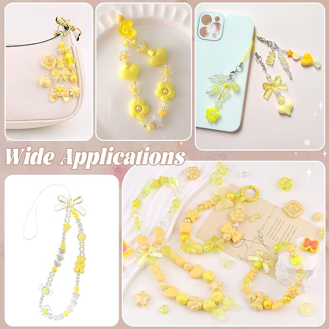 200-260PCS TINKRSTUFF Assorted Acrylic Beads Yellow Cute Beads for Bracelet Making, Bow Flower Butterfly GummyBear Kawaii Charms, Aesthetic Bead for Necklace Keychain Jewelry Making DIY Phone Charm