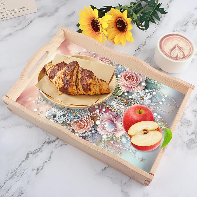 5D Diamond Art Tray with Handle for Adults DIY Diamond Art Plate Kits Flowers and Cross Picture Diamond Art Painting Dinner Plate for Coffee Living Room Home Organizer Parties Family Gatherings