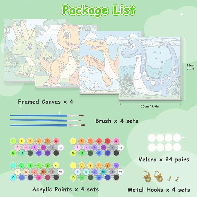 KEYIFA 4 Pack Framed Paint by Numbers Kit for Kids Age 6-12, Easy Cute Dinosaur Painting for Adult Beginners, DIY Framed Acrylic Canvas Painting for Home Decor Children Gift, 8x8 in