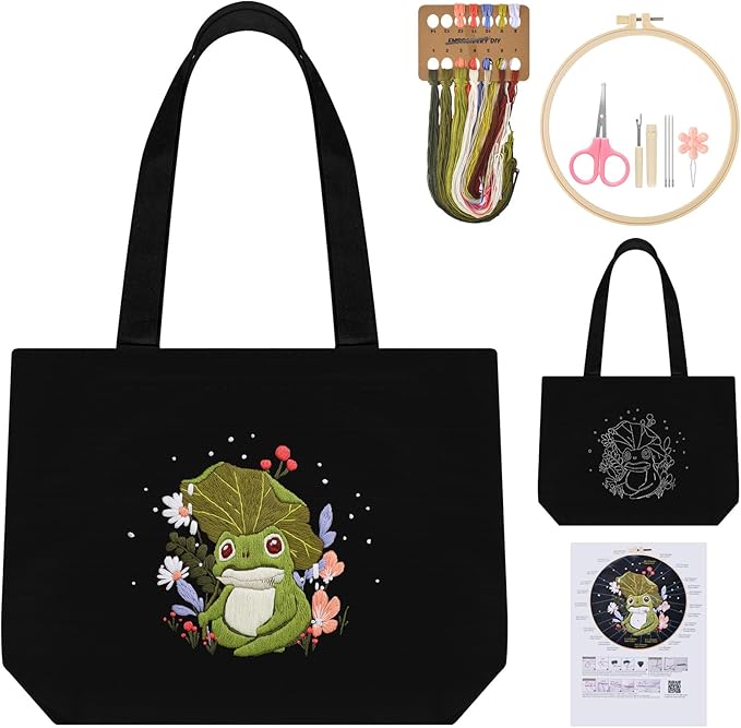 ERKOON Embroidery Canvas Tote Bag for Beginners, Floral Arts Crafts Cross Stitch Kits for Adults Including Stamped Embroidery Bag with Hoops, Needle, Instruction and Color Threads (Frog)