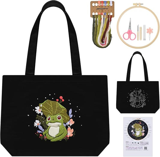 ERKOON Embroidery Canvas Tote Bag for Beginners, Floral Arts Crafts Cross Stitch Kits for Adults Including Stamped Embroidery Bag with Hoops, Needle, Instruction and Color Threads (Frog)