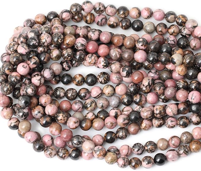 cheavian 45pcs 8mm natural black line rhodochrosite gemstone smooth round loose beads for jewelry making 1 strand 15"