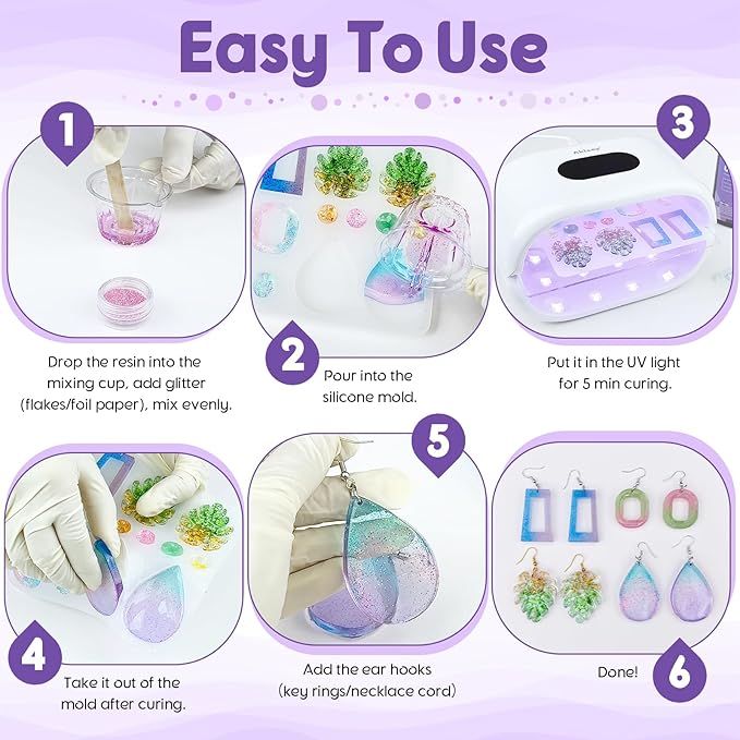 Akisey UV Resin Jewelry Making Kit, 200g Clear UV Resin Glue with Two-Sided Light & Molds, Starter Kit for Making Jewelry, Earring, Necklaces, Keychains