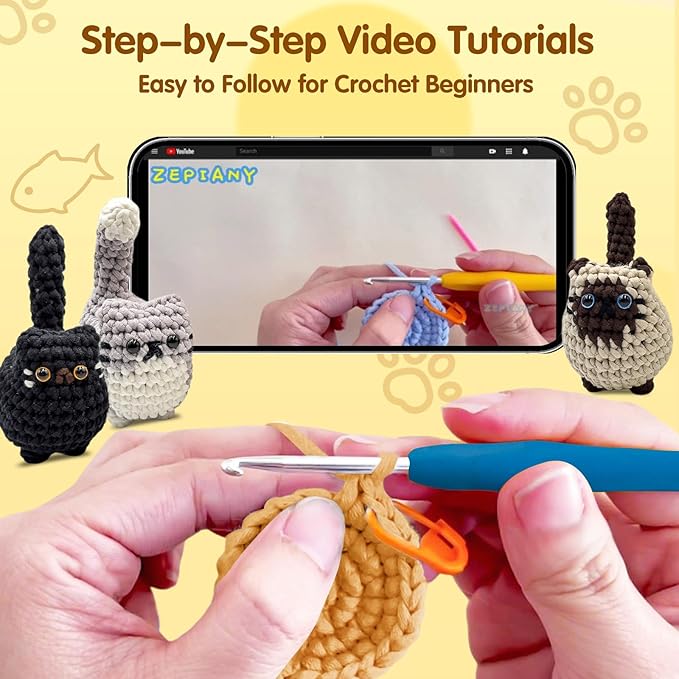 Zepiany Crochet Kit for Beginners, Crochet Cat Beginner Crochet Kit for Adults, Amigurumi Crochet Animals Cat Crafts Crochet Kits, Easy Knitting Kit Galentines Day Gifts