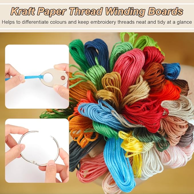 BENECREAT 100pcs Oval Wood Thread Drops, 1.9x1.3inch Wood Cross Stitch Thread Organization with Floss Ring for Craft DIY Sewing Storage, 2mm Thick