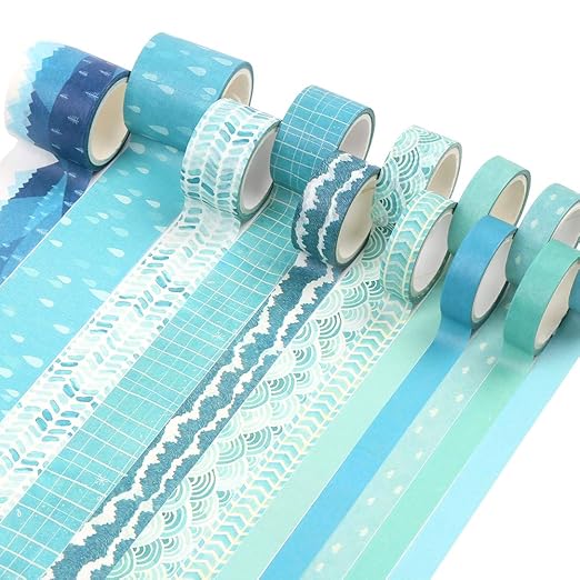 CCINEE 12 Rolls Washi Tape Set,Blue Decorative Masking Tape Assortment for Planner Bullet Journal Scrapbooking Craft Supply