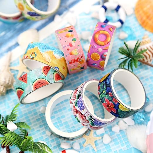 12 Rolls Summer Washi Tape Set, Hawaii Beach Holiday Decorative Tape Flamingo Tropical Fruits Leaves Watermelon Watercolor Masking Tape for Journaling Supplies,Gift Wrapping, DIY Art & Crafts