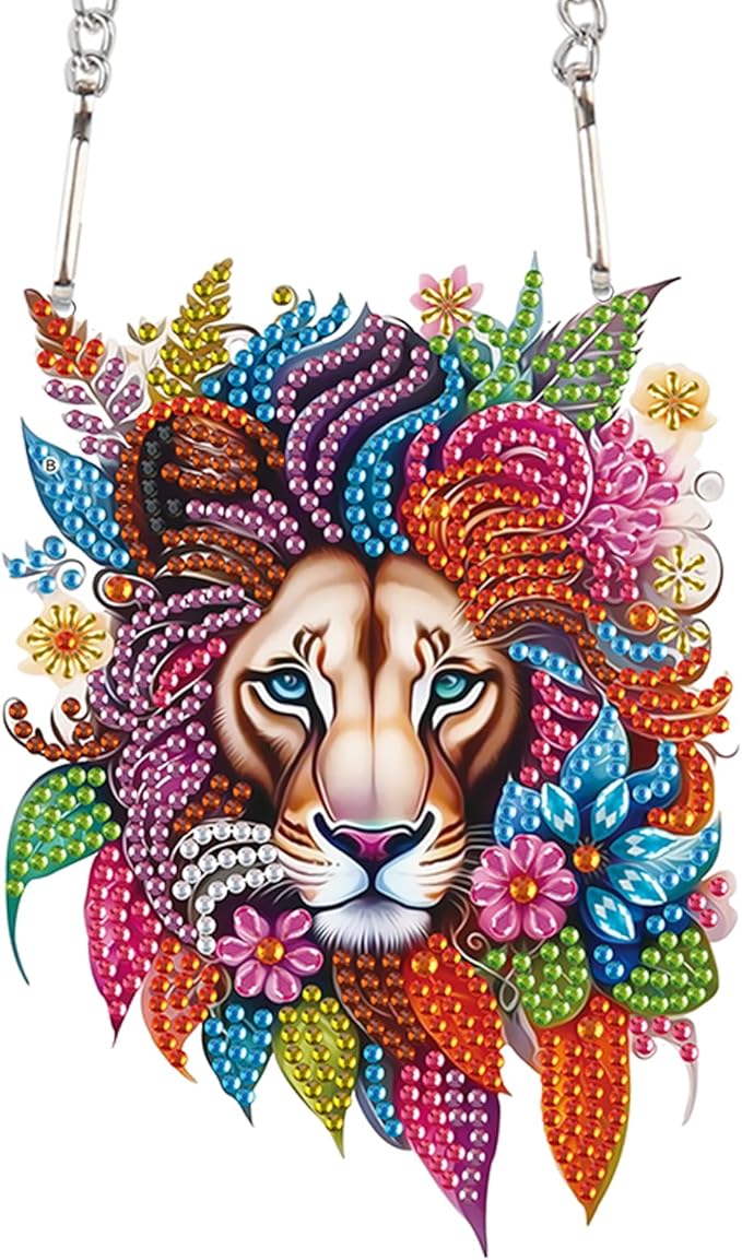 Lion Diamond Painting Hanging Pendant Kit, DIY Crystal Acrylic Sun Catcher Diamond Art for Adults, 5D Special Shaped Rhinestone Ornament for Window, Wall or Garden Decoration, Handmade Animal Gift