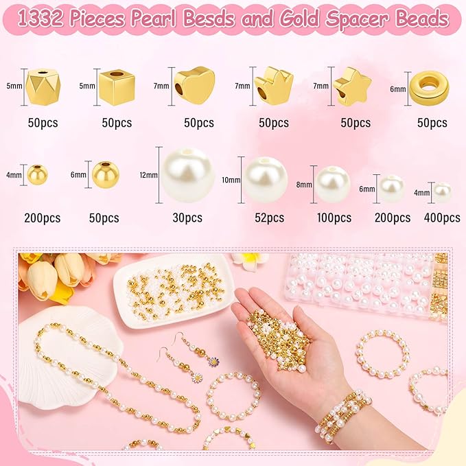 Audab Bracelet Making Kit, 1332 Pieces Pearl Beads and Gold Spacer Beads for Bracelets Making and Jewelry Making for Adults