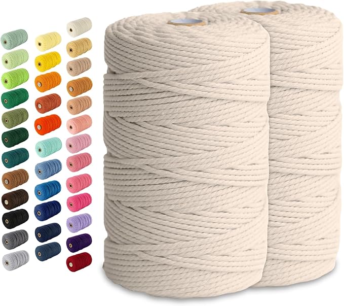 2 Pack Macrame Cord - 3mm 220 Yards Cotton Rope, 4mm 5mm Yarn, String for Crafts, Perfect for Macrame Wall Hanging and Boho Decorations (Milkcream)
