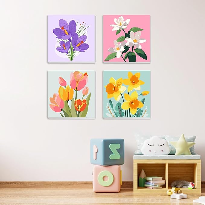 MXJSUA 4 Pack Tulips Flowers Framed Paint by Numbers Kit with Canvas for Adults Beginner, DIY Acrylic Oil Painting Kits with Brushes for Home Wall Decor Gift (8x8 inch)