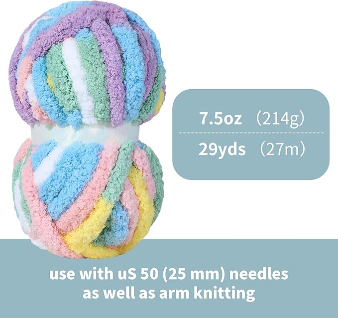 HOMBYS Chunky Tie Dye Mix Chenille Yarn for Hand Knitting, Super Bulky Jumbo Yarn for Crocheting, 3/4" Thick Soft Plush Yarn for Blankets, 8 Skein Pack (26 yds / 7.5 oz Each) Rainbow