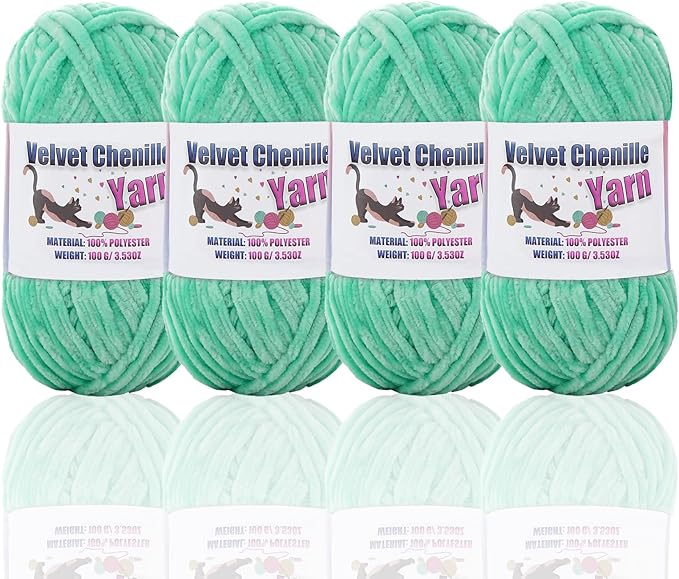 4 * 100g Fluffy Velvet Chenille Yarn for Crocheting and Knitting, Handcrafts Weaving Soft Chenille Yarn for Crocheting Clearance, Used for Making Baby Yarn Blanket, Clothes, DIY Craft (Cyan Green)