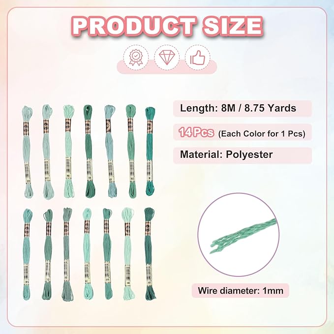 PATIKIL 14 Skeins Embroidery Floss, Polyester Embroidery Threads Bracelets String for Cross-Stitch Hand Embroidery, Multicolored Light Green