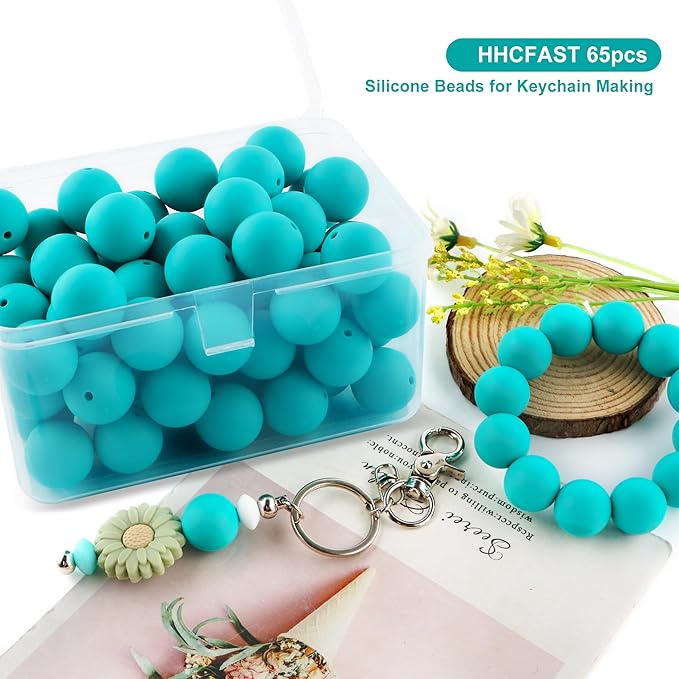 65Pcs 19mm Silicone Beads for Keychain Making Bracelet Necklace, Bulk Round Silicone Beads for Pens(Turquoise)