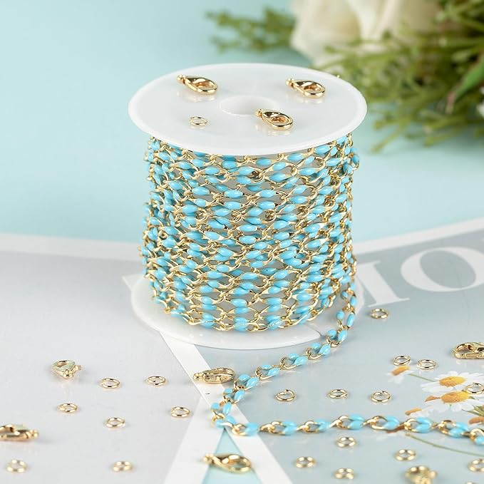 Gold Plated Brass Chains for Necklace DIY Jewelry Supplies, 2 Meters Light Blue Oil Drip Cable Bulk Chain Jewelry Making Supplies Findings