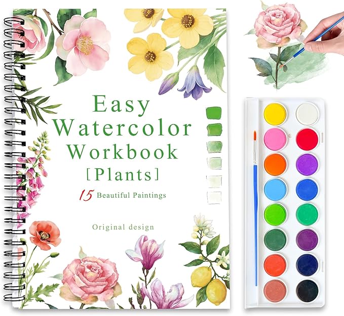 Watercolor Workbooks, 16 Colors Water Color Books Paint Set for Adults, Watercolor Coloring Book for Beginners, Water Color Workbook, 15 Beautiful Paintings for Beginners (Plants)