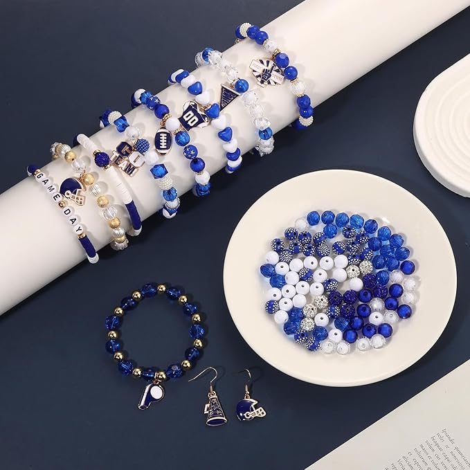 3000PCS+ Game Day Beads for Bracelets Making Blue White Clay Heishi Beads Pearl Acrylic Letter Bead Enamel Football Charms for Bracelet Earrings Necklace Making DIY Game Day Accessories (Blue White)
