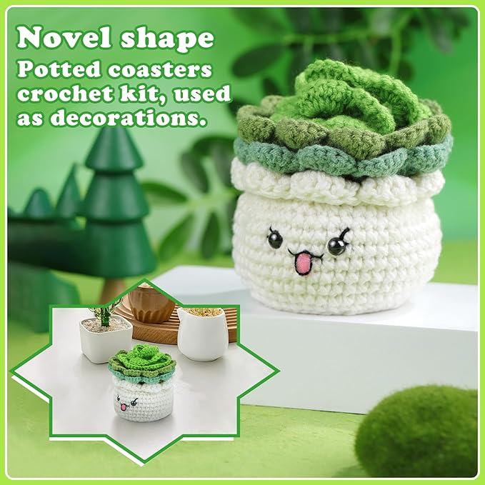 FTEVEN Crochet Kit for Beginners, 3PCS Coasters Potted Plants Crochet Starter Kit for Beginners Adults, Knitting Kit with Step-by-Step Video Tutorials and Crochet Yarns for DIY Christmas Decoration
