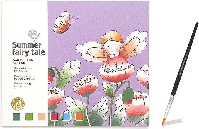 Fairy Tale Watercolor Painting Book, 20 Pages Art Practice Pad, Portable Watercolor Paper Book with Brush