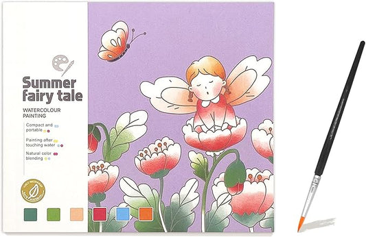 Fairy Tale Watercolor Painting Book, 20 Pages Art Practice Pad, Portable Watercolor Paper Book with Brush