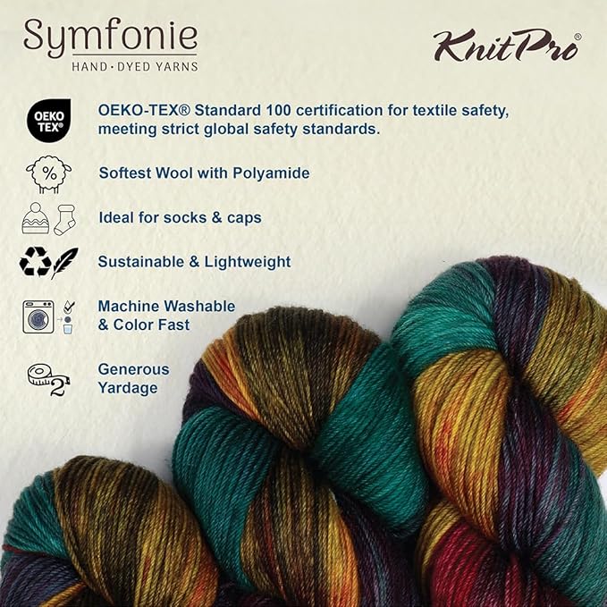 KnitPro Symfonie Fingering Weight Hand Dyed Variegated Yarn Skein | Extra Fine Merino Wool & Polyamide Blend for Knitting & Crocheting, Oeko-TEX Certified 400m, 100g | Terra Harvest Vine