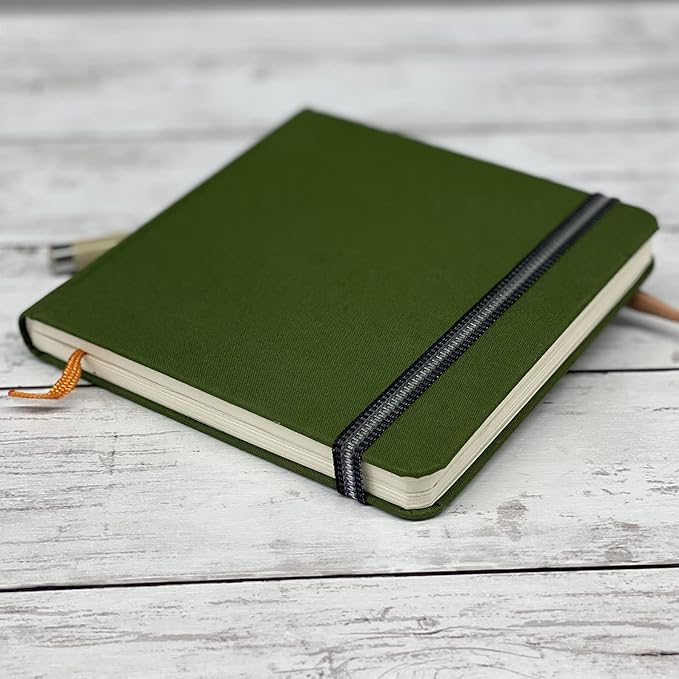 Handbook Journal Co. Sketch Book - Large Landscape 5.5 x 8.25 in Cadmium Green European Linen-Bound Hard Cover, 128 Pages (64 Sheets) of 130 GSM Acid-Free Art Drawing Paper, Pocket and Elastic Closure