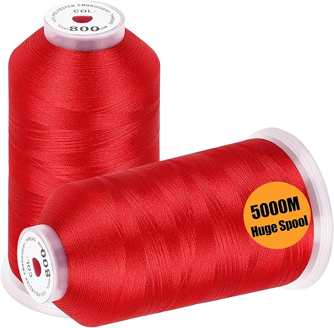New brothread - 2 Huge Spools 5000M Each Polyester Embroidery Machine Thread 40WT for Commercial and Domestic Machines - Red