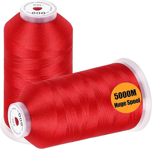 New brothread - 2 Huge Spools 5000M Each Polyester Embroidery Machine Thread 40WT for Commercial and Domestic Machines - Red