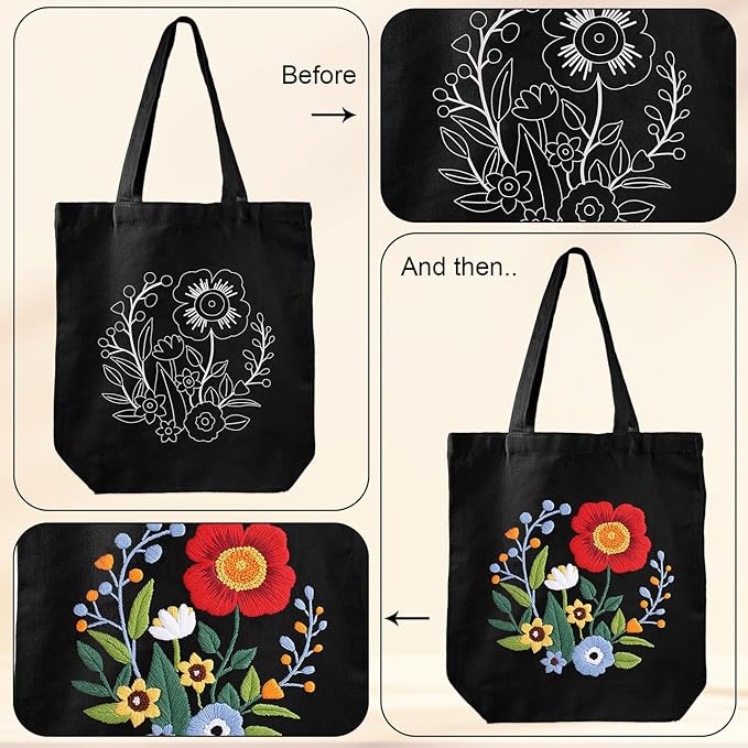 Louise Maelys Embroidery Kits Canvas Tote Bag for Beginners,Cross Stitch Kit for Adults,DIY Crafts and Arts Needlepoint with Florals Pattern,Women Shopping Reusable Grocery Bags
