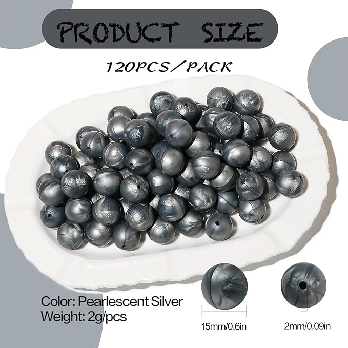 120pcs Richbunnys 15mm Bulk Silicone Beads for Pens and Keychain Making,Large Bead for Necklace and Bracelets Making,Assorted Rubber Beads Set（Pearlescent Silver）