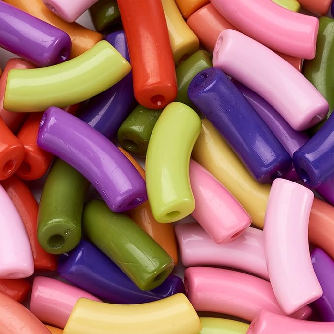 60Pcs Acrylic Chunky Tube Beads with Rondelle Brass Rhinestone Spacer Beads & Elastic Crystal Thread, 10 Colors Opaque Curved Tube Beads for Bamboo Bangles Bracelet Jewelry Making