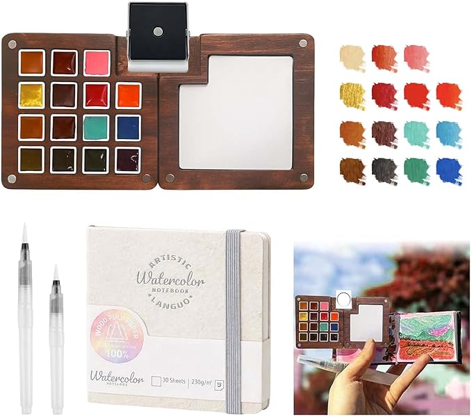 Mini Paint Palette Travel Kit - Mini Travel Watercolor Palette Set, Pocket Artist Water Color Travel Set with Colours, Binder Clips, Watercolor Pens, Wooden Paint Box for Painters Artists Students