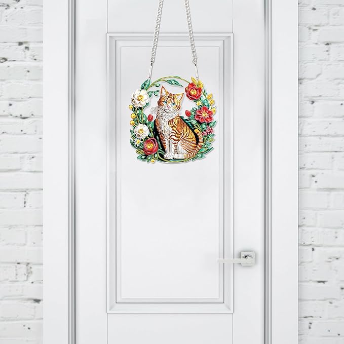 Flower Birdcage Design DIY Diamond Art Painting Wreath Kits Special Shaped Rhinestone Diamond Art Window Pendants Home Garden Wall Hanging Kits (Single Side Point Drill) (#11-Cat) (#11-Cat)