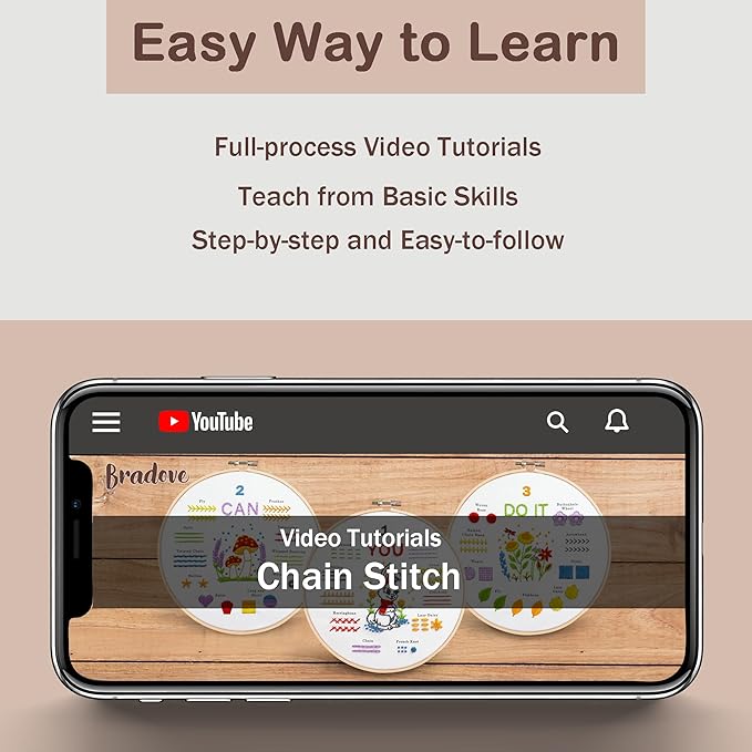 bradove embroidery kit for beginners, learn to embroider top 29 stitches and cute patterns with video tutorial and instruction booklet, beginner embroidery kit for adults kids, stitches kit