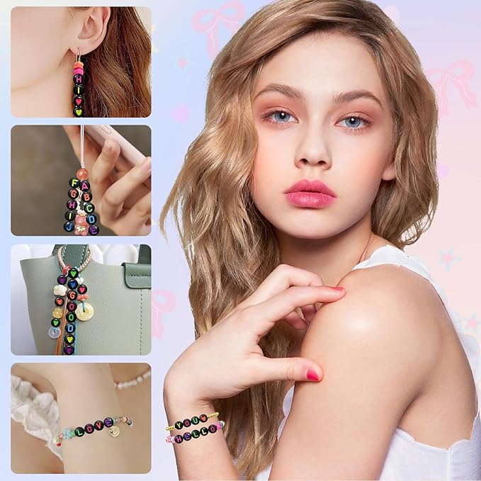 Amaney 1400pcs Colorful Letter Beads Round Alphabet A-Z Heart 4x7mm Black Acrylic Beads and Crystal Line for Jewelry Making